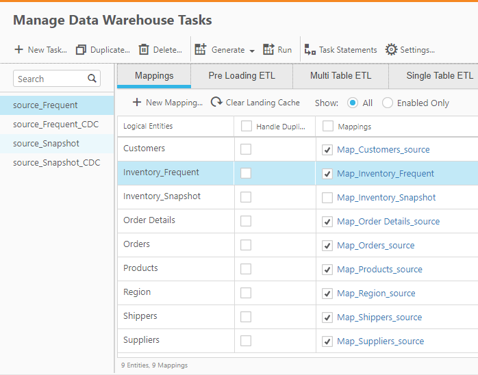 Manage data warehouse tasks window showing duplicated tasks.