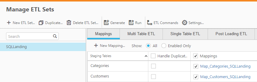 Manage Data Warehouse Tasks window with logical entities and their corresponding Mapping names