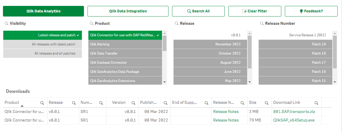 The download Site with filters applied to show connectors