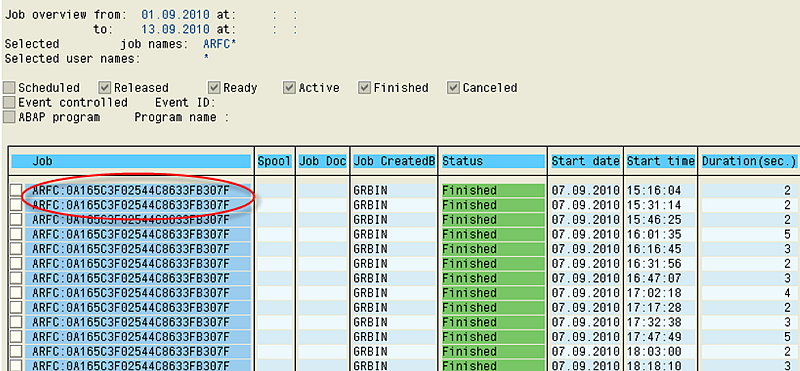 Table of background jobs in SM37