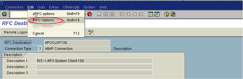 Image displaying tRFC options in menu