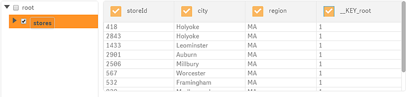 Example selection displaying that with the stores data selected in the structure it will select all the data in the tables