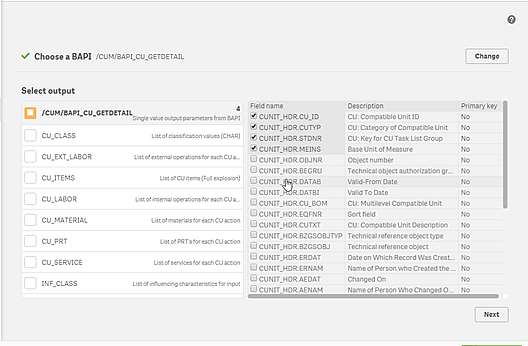 BAPI output selection