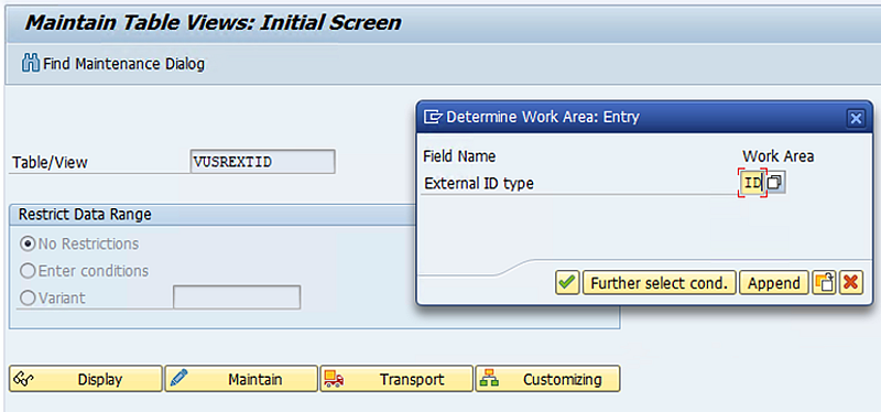 Determine Work Area: Entry dialog with External ID set to ID, in Maintain Table Views menu