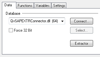 Data tab with QvSAPEXTRConnector.dll selected as Database