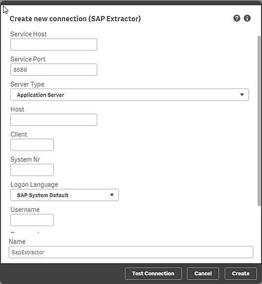 Create new SAP Extractor connection dialog