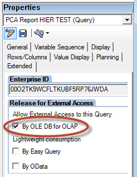 Properties dialogue with By OLE DB for OLAP enabled