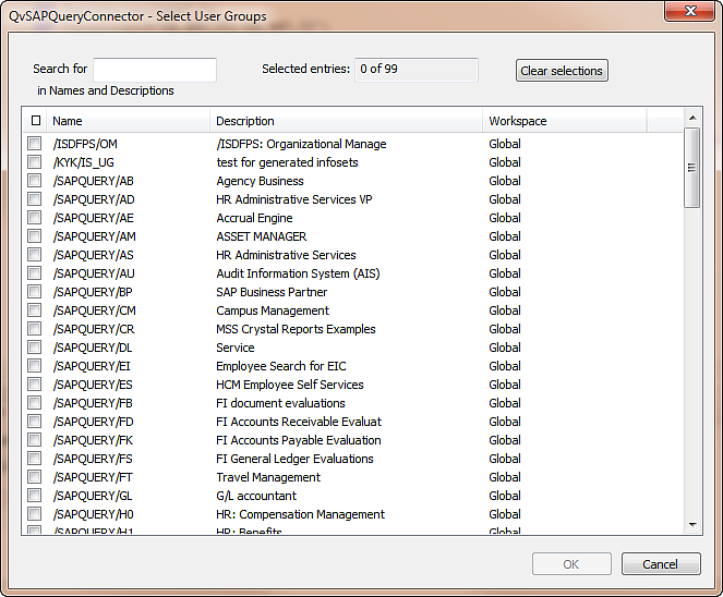 QvSAPQueryConnector Select User Groups dialog