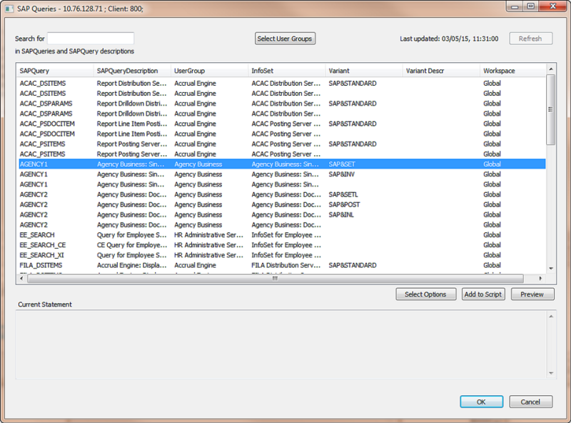 SAP Query selection dialog