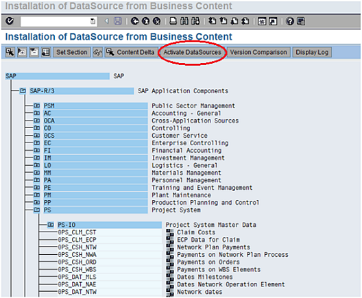 Installation of DataSource from Business Content dialog with Activate Datasources highlighted