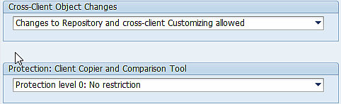 Client options selected as Cross-Client Object Changes: Changes to Repository and cross-client Customizing, Protection: Client Copier and Comparison Tool: Protection level 0: No restriction