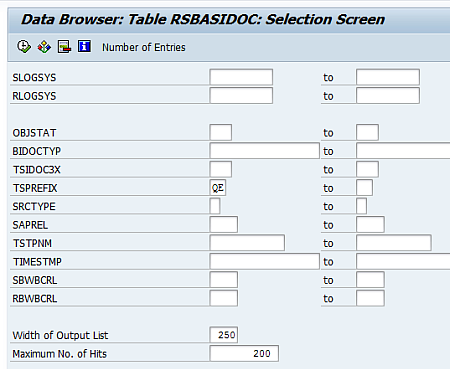 Data Browser Selection Screen with TSPREFIX entered