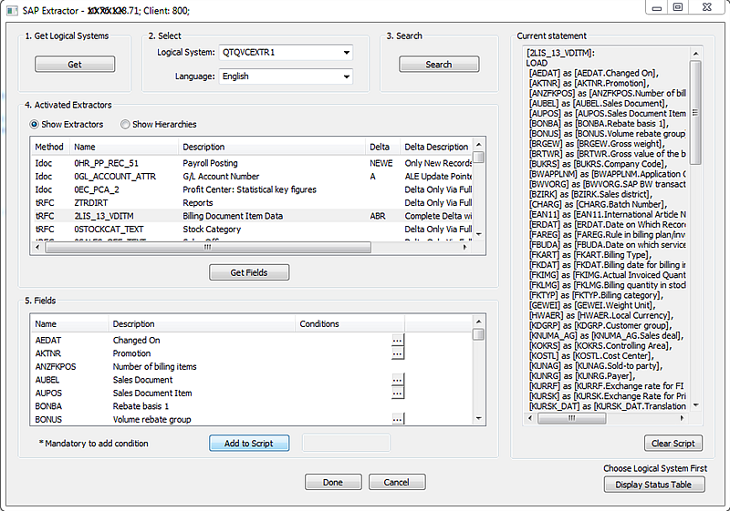 SAP Extractor dialog with Logical System selected