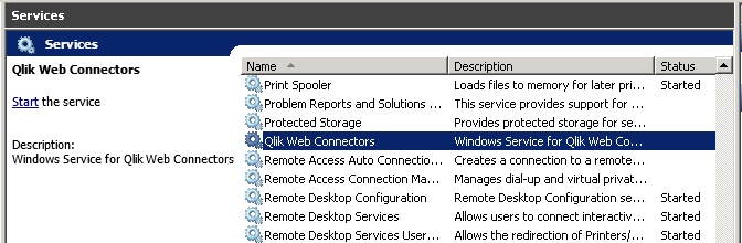 Qlik Web Connectors visible in Windows Services list
