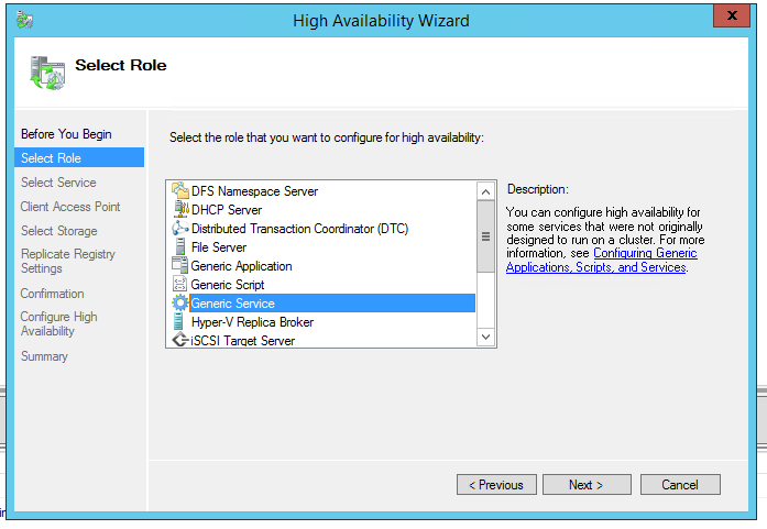 High Availability Wizard dialog, Select Role step, with Generic Service selected in the role list