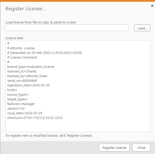 Example Register License dialog, with license text displayed in dialog box