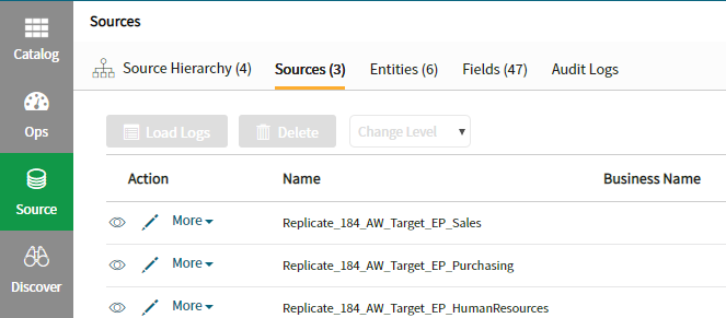 Qlik Catalog Source tab with Sources selected from the top navigation, displaying table schemas