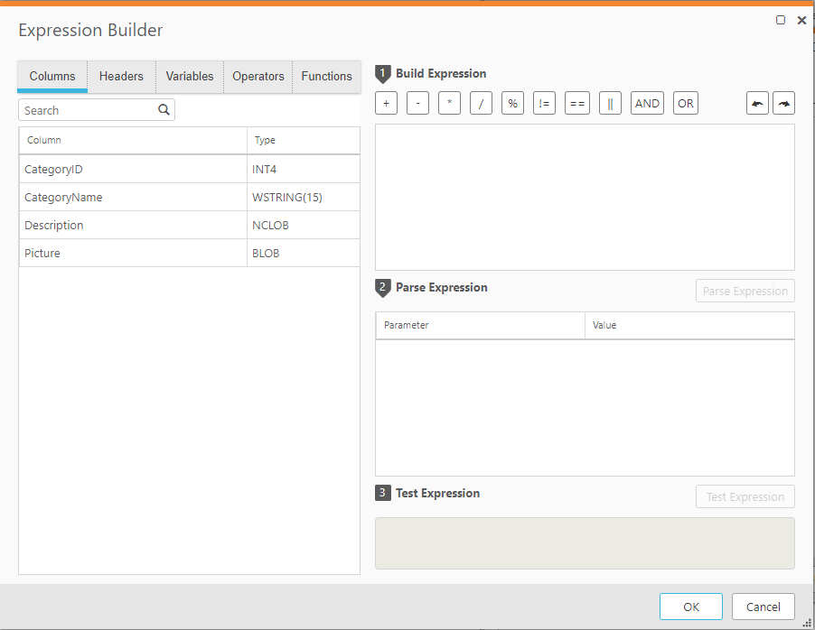 Expression Builder dialog, with Elements Pane on the left and Build/Parse/Text Expression fields on the right