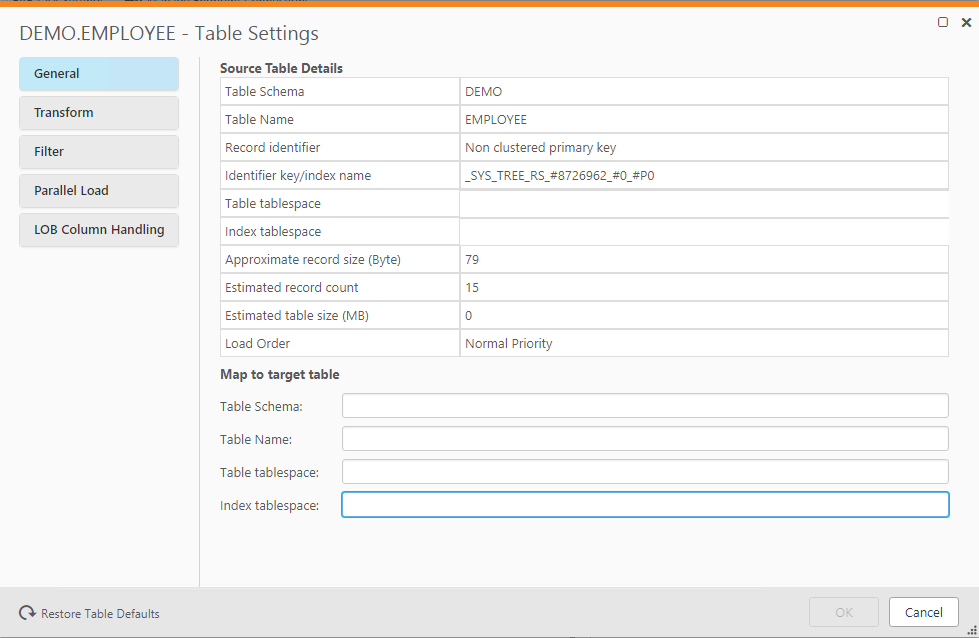 Example of General tab in Table Settings dialogue