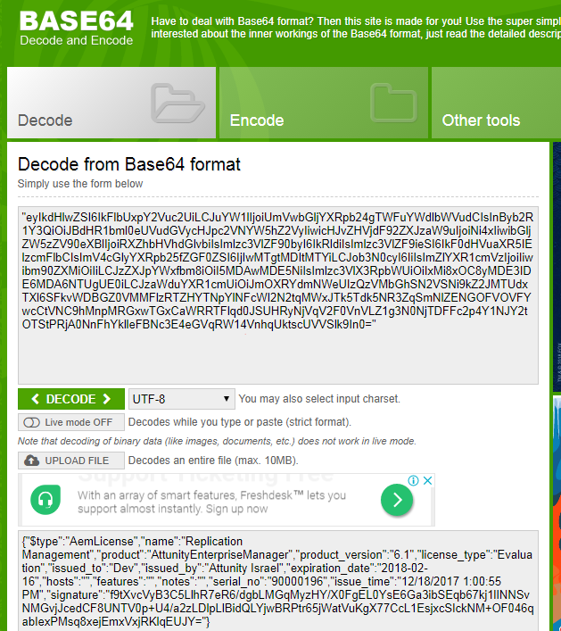 Example of byte array decoded using a decoding tool into readable text