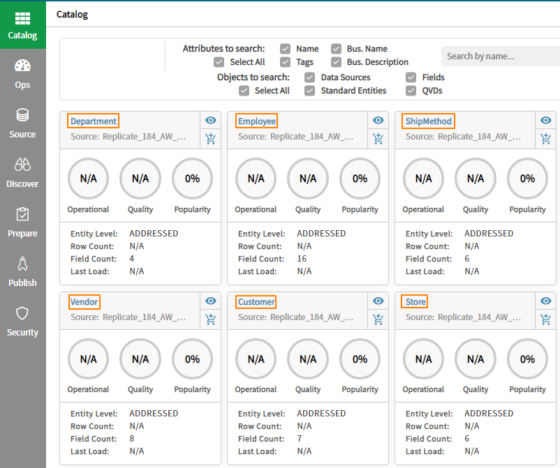 Qlik Catalog displaying target tables and their properties