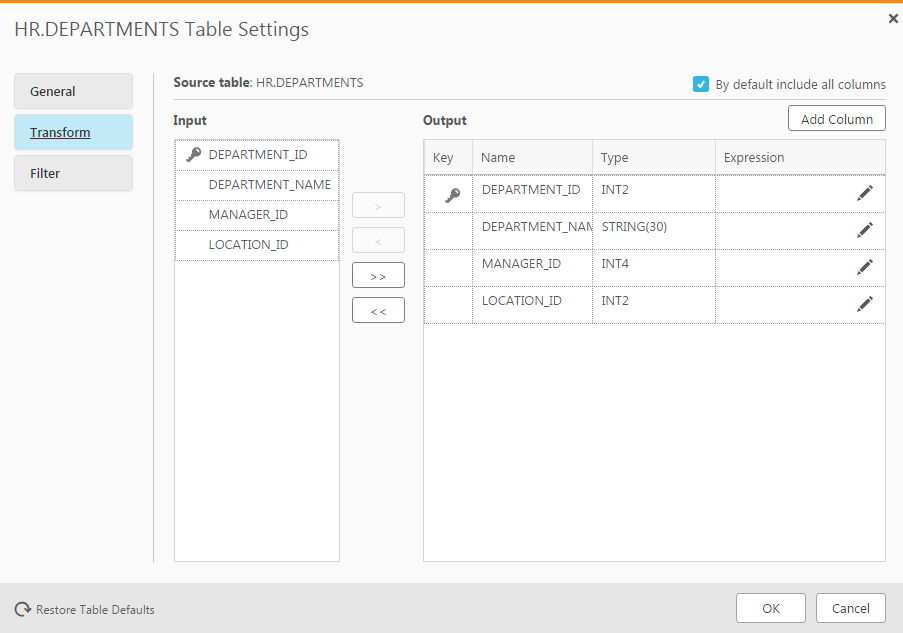 Transform tab of Table Settings dialogue example