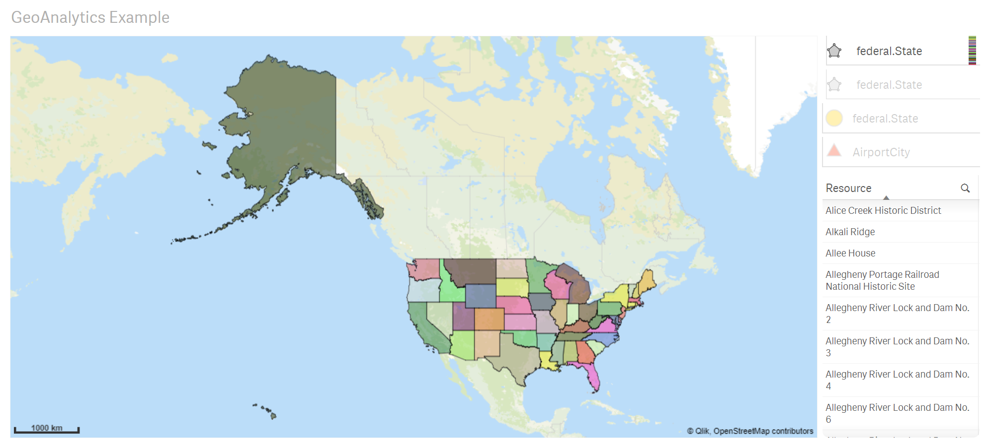 Initial country-level view of map, with the United States of America divided into state boundaries