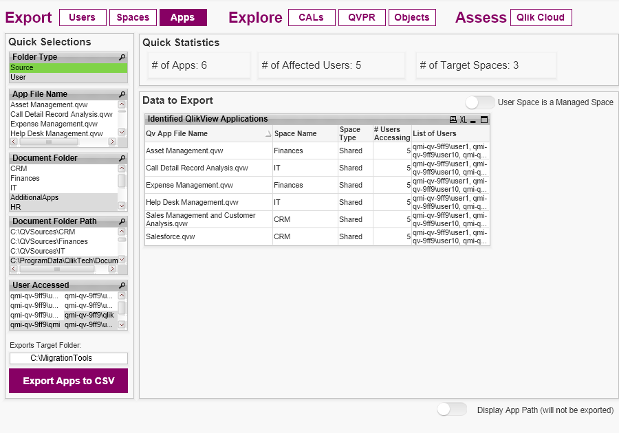 Export apps in a shared space