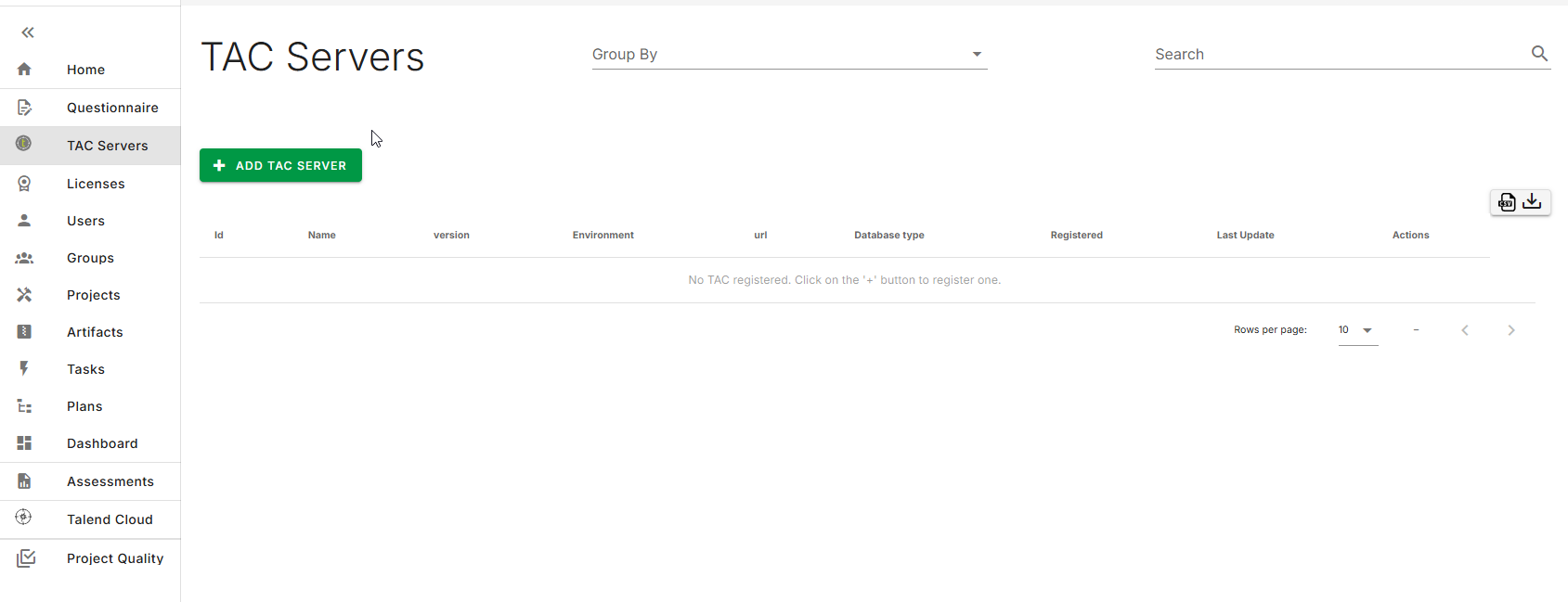 Talend Administration Center servers tab with the sidebar icon