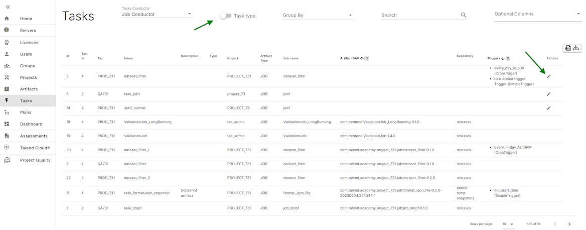 Talend Administration Center Job Conductor tasks page with the Task type option and the pencil icon highlighted.
