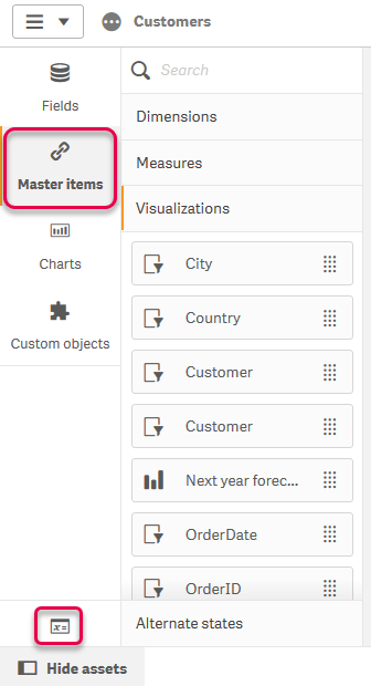 Assets panel in Qlik Sense.