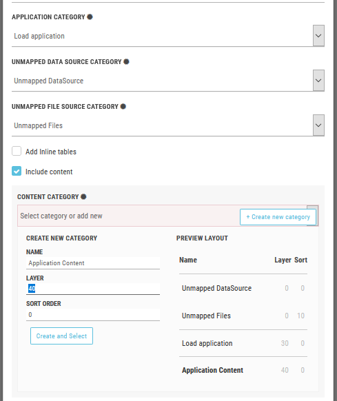 The preview layout. The categories Unmapped DataSource, Unmapped Files, and Load application are loaded above the Application Content.