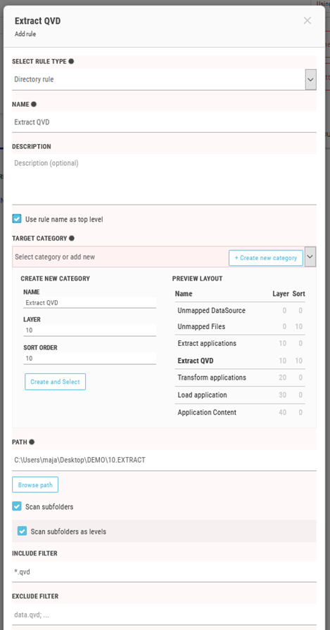 Adding the Extract QVD rule. Layer and Sort are both set to 10.