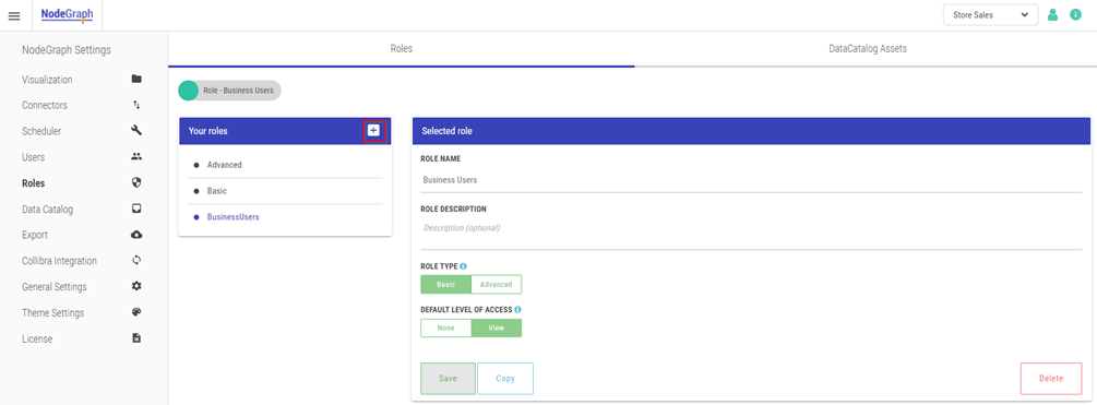 The Roles page. Two menus are available: Your Roles and Selected Role. The plus sign on the Your Roles menu is highlighted.