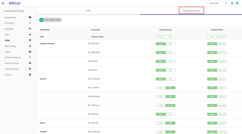 At the top right of the screen, Data Catalog Assets is selected. This brings up a menu listing Asset Owner, Asset Type, Level of Access, and Content Details.