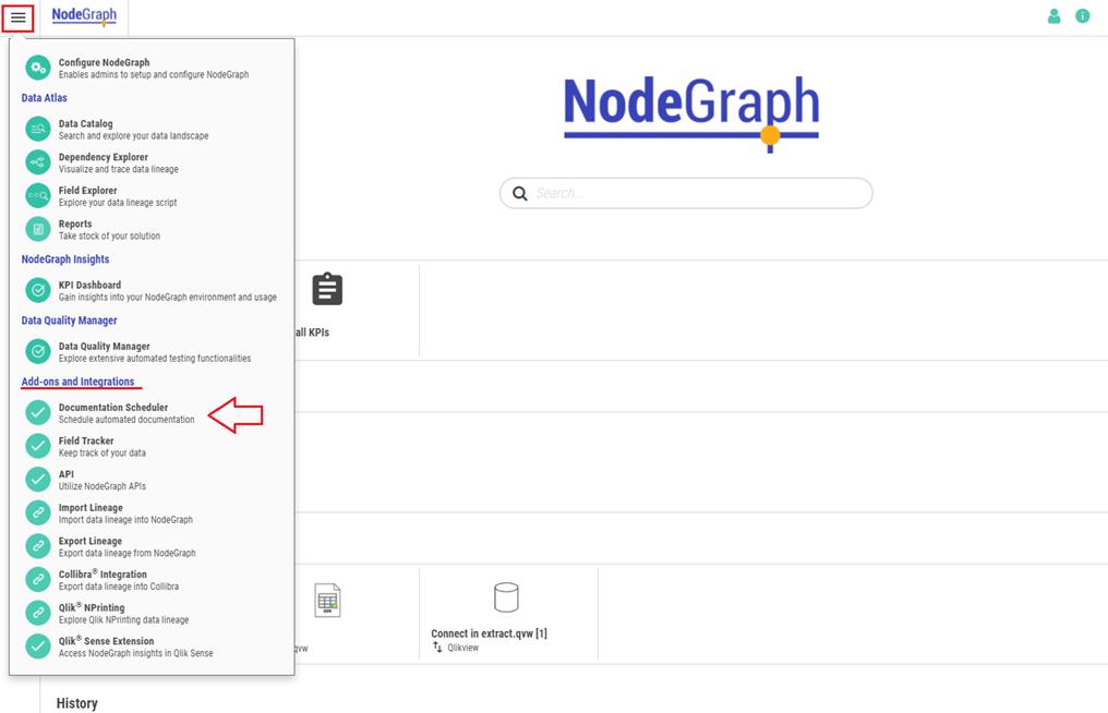 The location of the documentation scheduler, under Add-ons and Integrations in the menu accessed from the top-left.