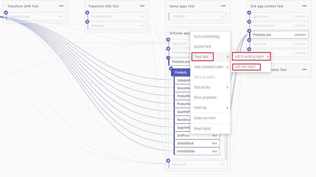 Right-clicking a field in the Dependency Explorer allows the user to select Track field, then choose from Add to existing report or Add new report.