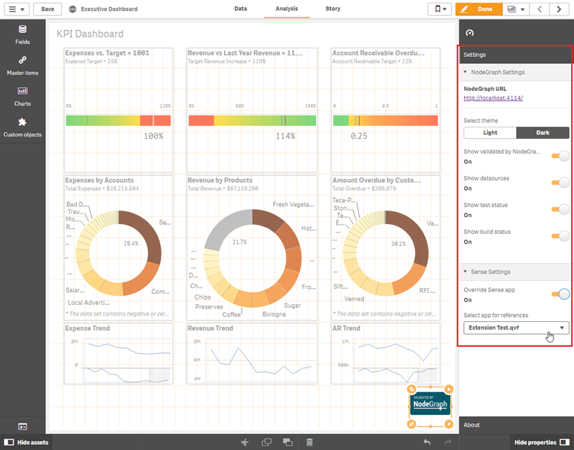 The NodeGraph Sense Extension in-app settings are found on the right side of the screen.