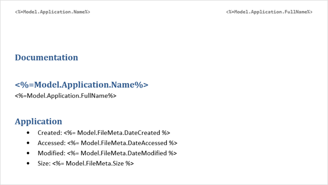 The documentation template, with several fields for each application.