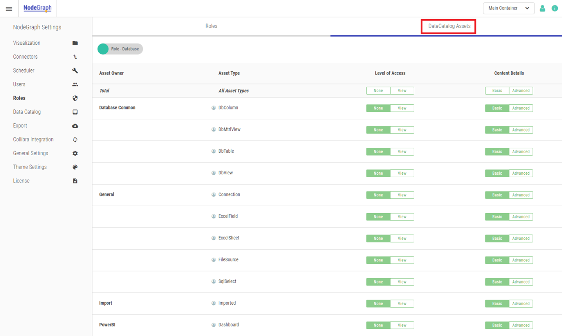 The DataCatalog Assets section of the Roles tab in NodeGraph Settings.