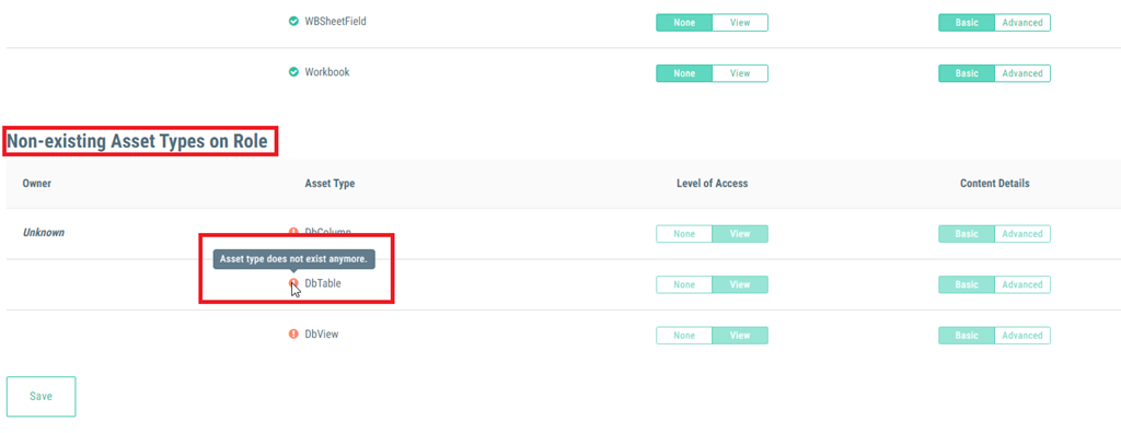 A list of non-existing asset types on role. There is a red exclamation mark beside DbTable, and mouse-over text stating "Asset type does not exist anymore."