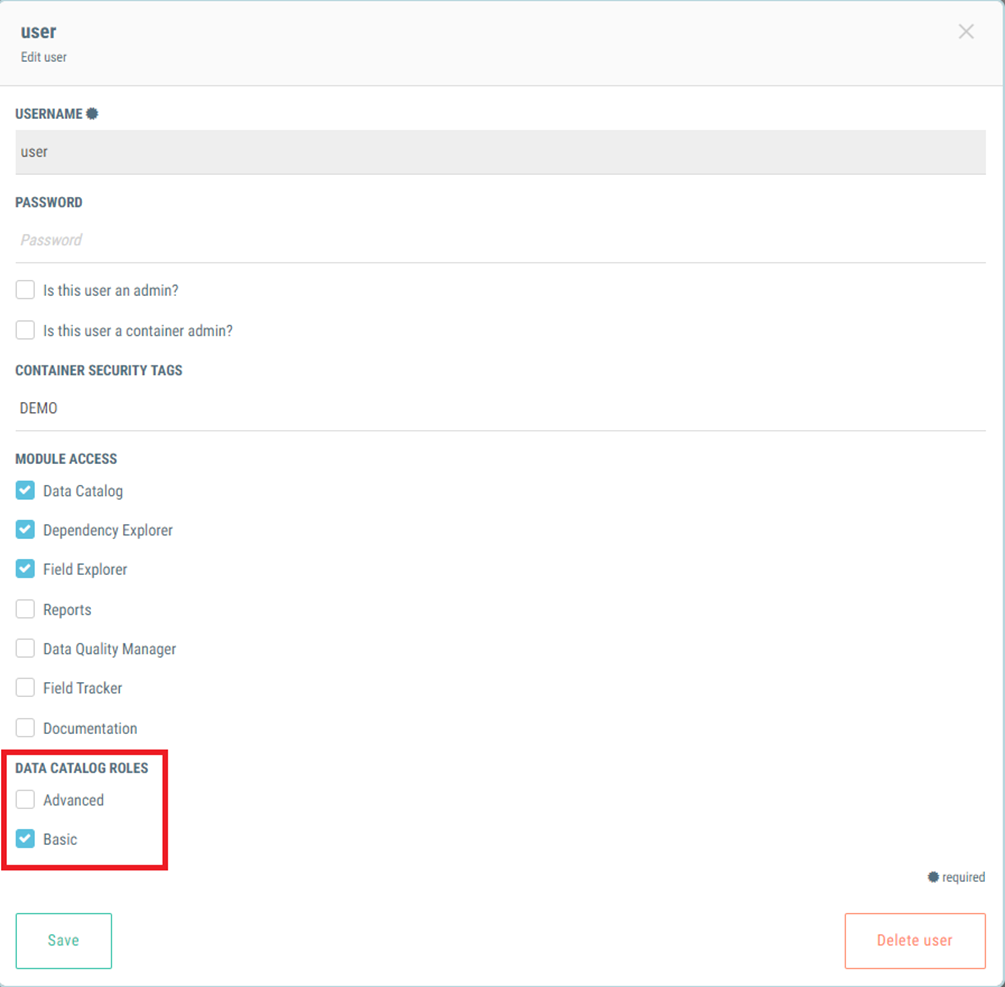 When editing user settings, a list of Data Catalog roles appears at the bottom of the list of options.
