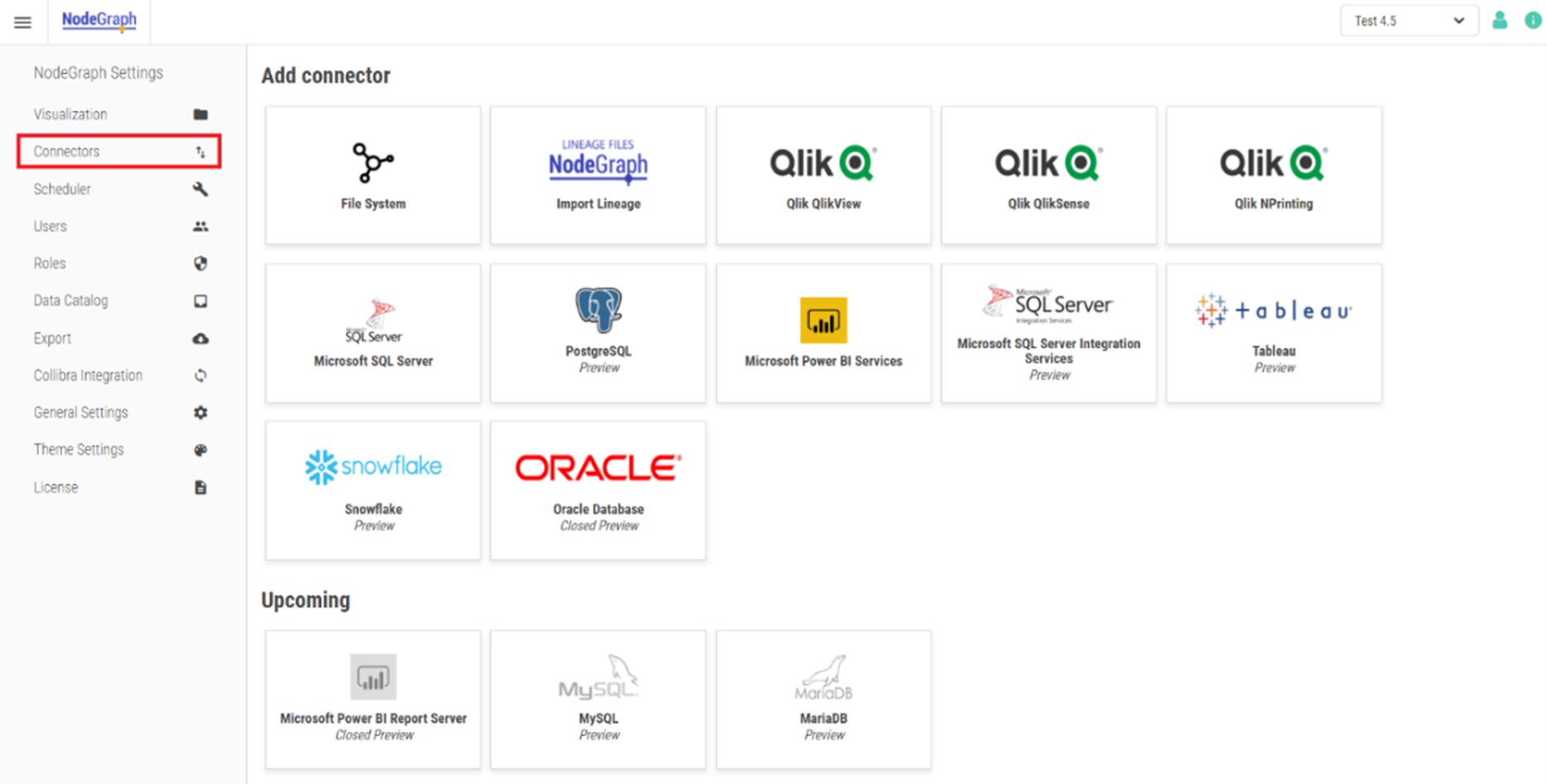 The NodeGraph Connectors tab. Available and upcoming connectors are displayed.