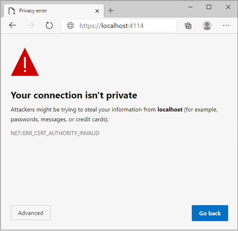 A "Your connection isn't private" warning message on localhost 4114.