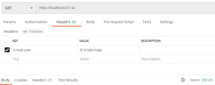 In Postman, under the Headers tab, x-nod-user is selected.