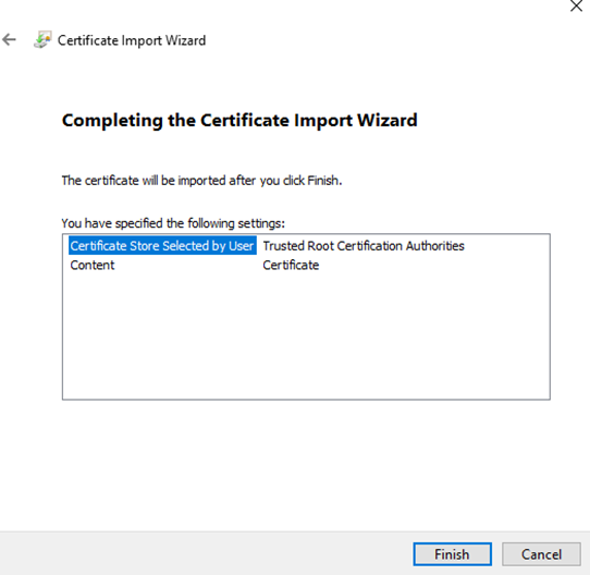 Certificate import wizard review screen