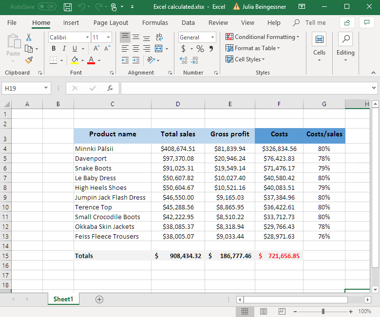 Excel template preview showing table with two new columns and column totals.