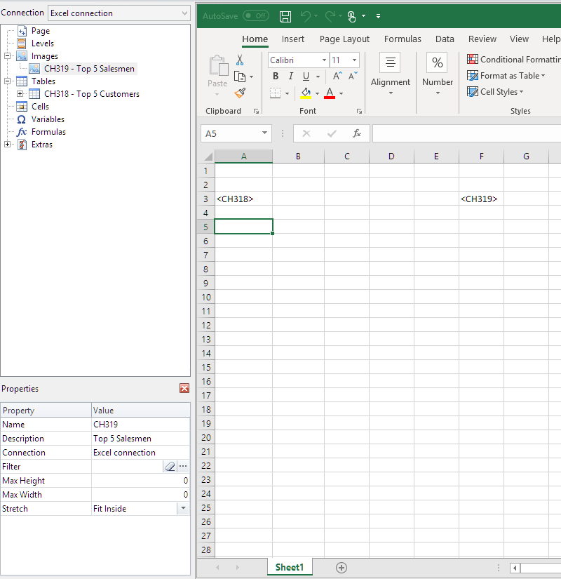 Excel report template with a table and image  added to the sheet.