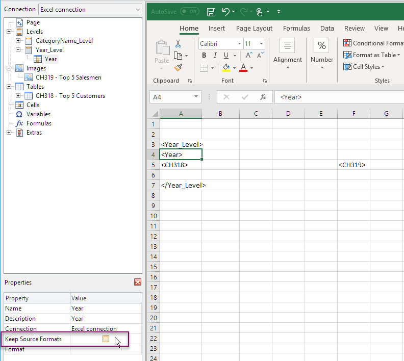 Excel report template showing that Keep Source Formats is turned off.