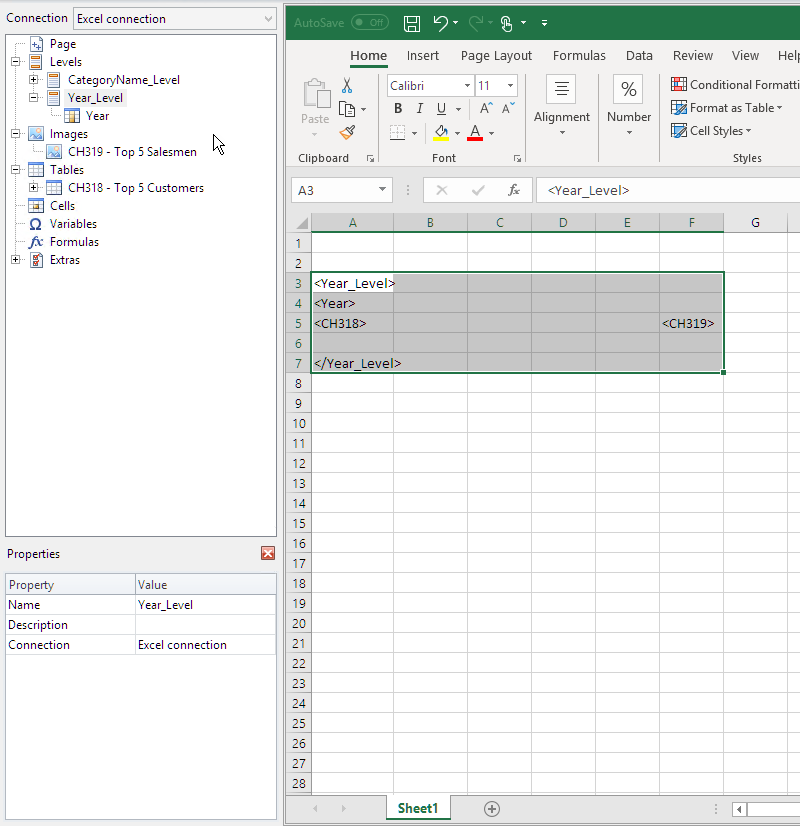 Excel report template with one level added to the sheet.